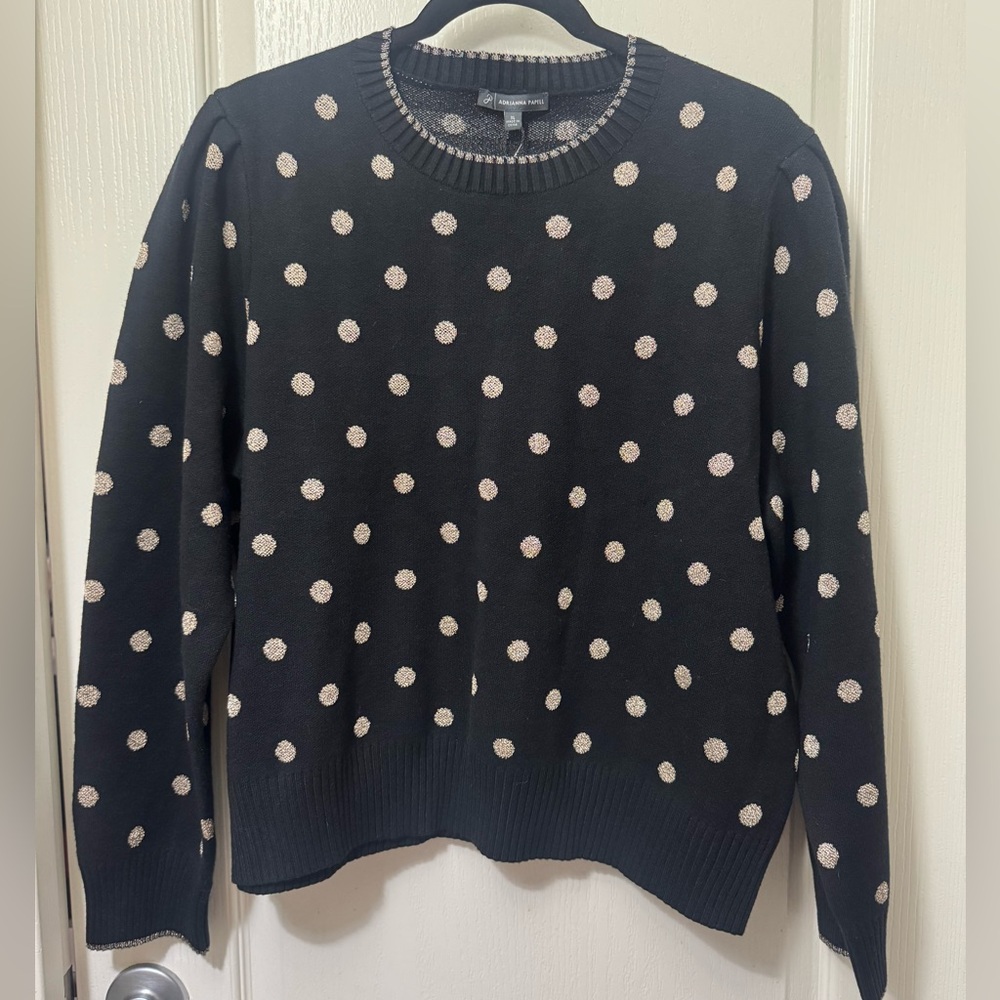 NWT Adrianna Papell Black Sweater with Gold Polka Dots